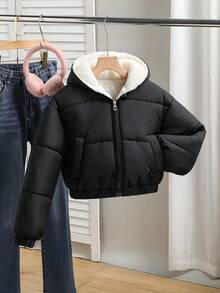 SHEIN 少女休闲时尚梭织面料保暖连帽短款羽绒服，宽松舒适，适合秋冬季日常通勤、户外玩耍、聚会、拍照等场合 - 黑色 - 查看 6