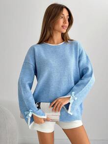 EURMUSE Beige Knit Pullover With Black Ribbed Edges And Sleeve Ribbon Ties - Baby Blue - View 3