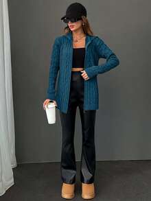 EURMUSE Cardigan With Hoodie Detail And Special Pattern + 350 - Cadet Blue - View 4