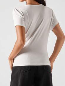 LYSMO Women's Fashionable Solid Color Sexy Deep V-Neck Ruched Short Sleeve T-Shirt,White Shirt - White - View 2