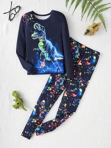 2 pièces Ensemble de pyjama à manches longues et pantalon ajusté avec imprimé luminescent pour garçons