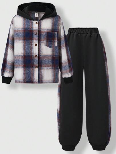SHEIN Explorewe 2pcs/Set Boys Plaid Outfit, Autumn/Winter - Hooded Plaid Shirt With Vintage & Fashion Design, Contrast Color Patchwork, Single Pocket For Playful Look; Pants With Black & Plaid Patchwork, Tapered Fit, Suitable For Daily Wear, Outings, School