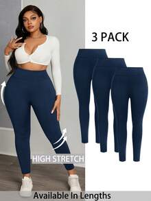 SHEIN PETITE CURVE Plus Size Women's Casual Sports Slim Leggings 3 Packs, Women's Bottoms,Women Pants,Curve Pants - Royal Blue - View 1