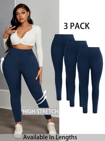 SHEIN PETITE CURVE Plus Size Women's Casual Sports Slim Leggings 3 Packs, Women's Bottoms,Women Pants,Curve Pants