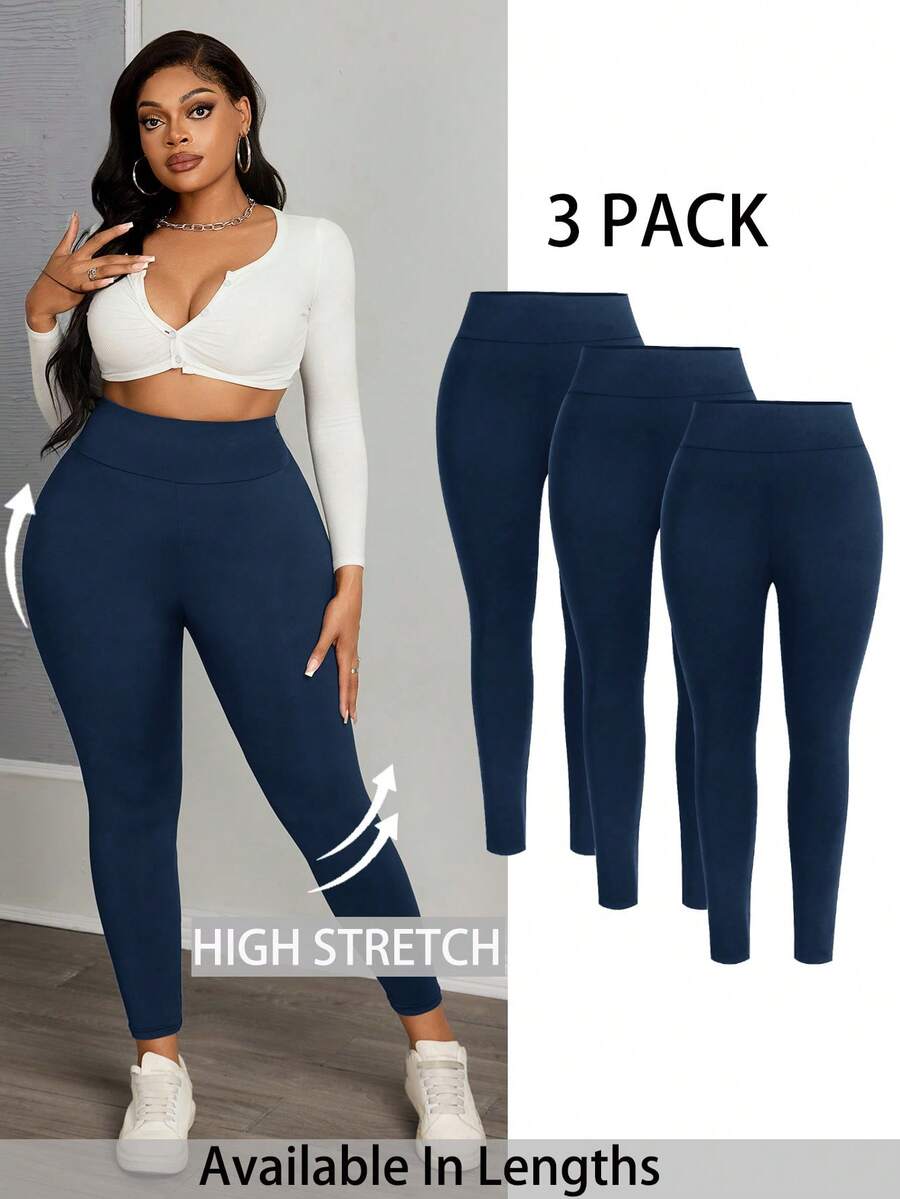 SHEIN PETITE CURVE Plus Size Women's Casual Sports Slim Leggings 3 Packs, Women's Bottoms,Women Pants,Curve Pants - Royal Blue - View 1
