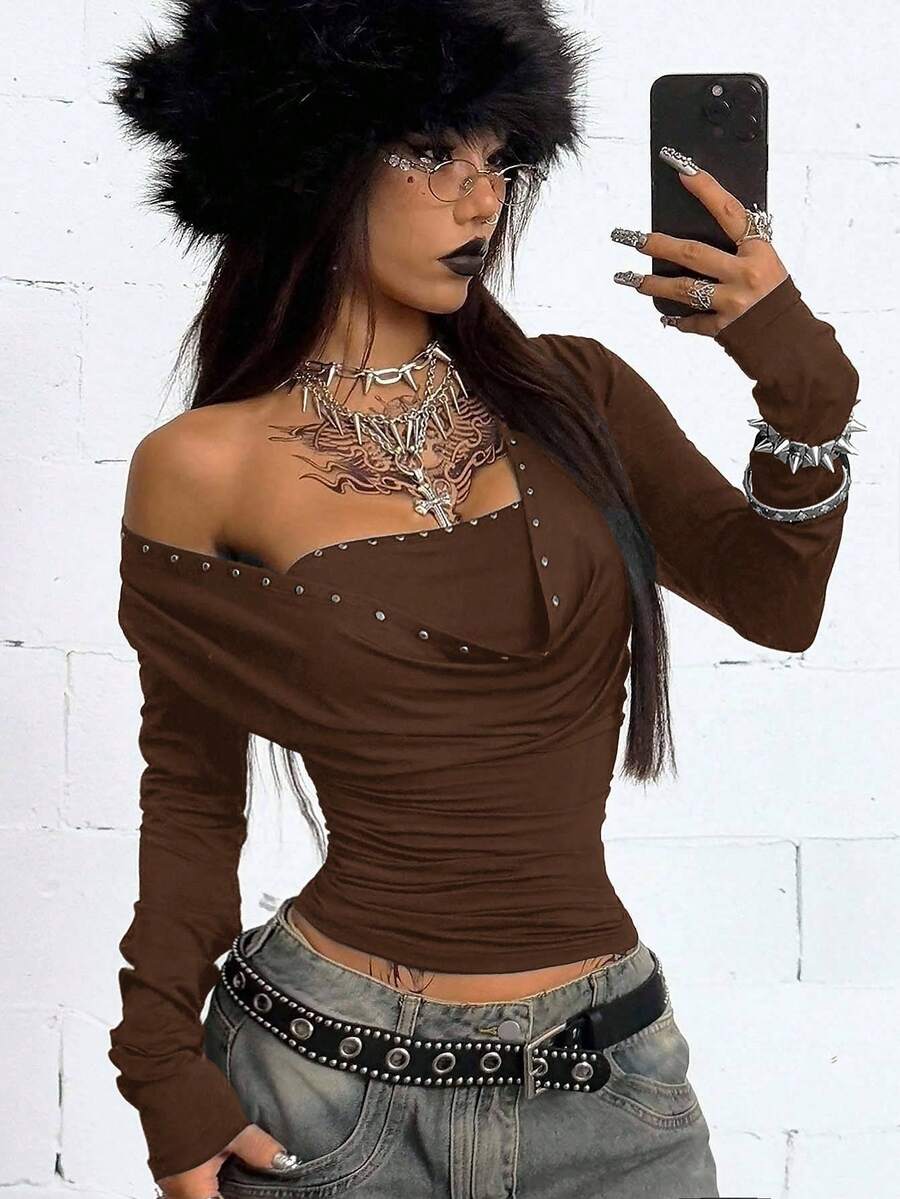 Coolane Conjunto de dos piezas de top tubo con remaches y camiseta de cuello de capucha, atuendo casual de festival de estilo Y2K para mujer, apto para otoño/todo el año