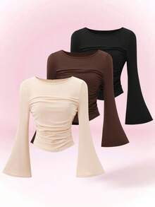 3pcs/Set Teen Girl Casual All-Match Versatile Daily Wear Tight Fitting Short Flare Sleeve Crop Top Chic Outfits For Autumn/Winter Fall