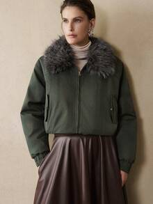 EMERY ROSE Women's Short Quilted Detachable Fur Collar Design Slanted Pockets Daily Commuting Cotton Jacket Winter Daily Commuting Autumn Jacket - Army Green - View 2
