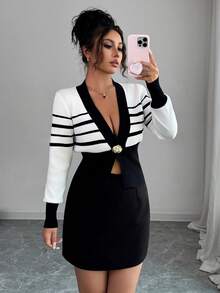 Elenzga Cárdigan de punto para mujer, de manga larga y cuello en V, con bajo asimétrico, suéter ligero con textura metálica, botón asimétrico de hoja única, a rayas clásicas en blanco y negro, mangas raglán, puños y bajo acanalados, sofisticado y elegante, versátil para uso casual, adecuado para otoño temprano e invierno como prenda de vestir para mujer