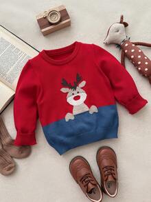 Blossori Young Boys' French Elegant Deer Jacquard Pattern Pullover Sweater - Red - View 4