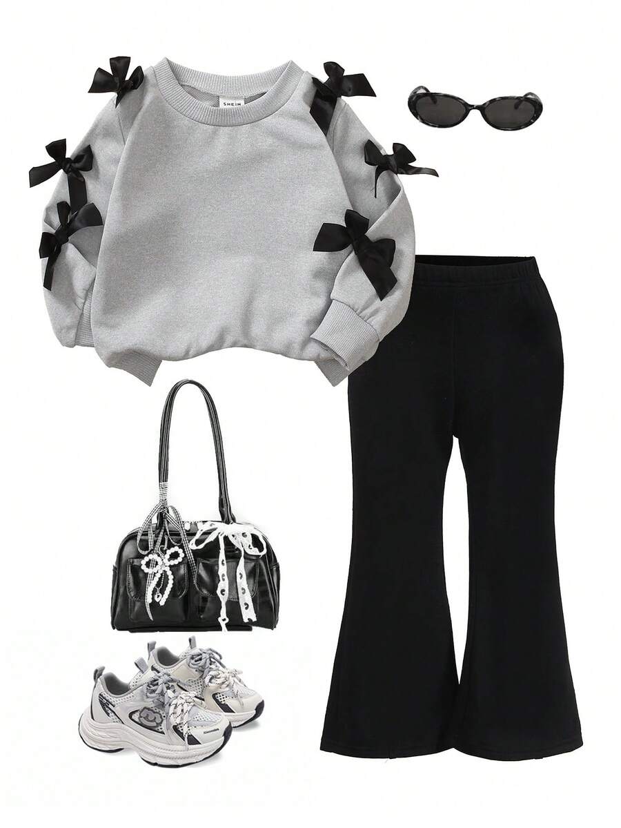 SHEIN Elladie kids 2件套婴儿/幼儿女孩简约时尚粉色蝴蝶结黑色上衣和粉色裤子运动服套装 - 彩色 - 查看 1