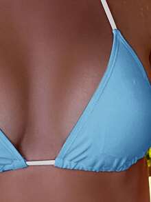 SHEIN Swim 2025 春夏女士沙滩/派对泳装比基尼上衣，浅粉色和荧光粉色拼色 - 藍白色 - 查看 3