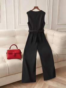 Franclia 黑色无袖深V领束腰阔腿连体裤/时尚优雅系带收腰/加长腿连体裤，羊毛，直筒裤 - 黑色 - 查看 2