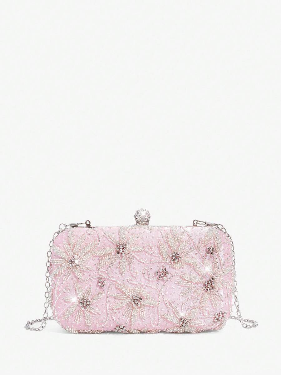 SHEIN Belle Fashion Women's Rhinestone Floral Embellished Evening Bag With Long Chain - Pink - View 1