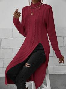 EMERY ROSE 休闲纯色立领高开衩毛衣，秋冬 - 酒紅色 - 查看 7