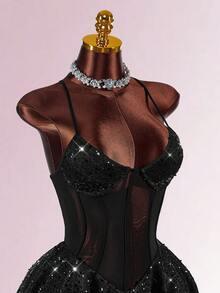 Amplova 女式时尚性感亮片拼接露背吊带迷你连衣裙 - 黑色 - 查看 5