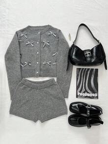 Elamini 时尚百搭蝴蝶结装饰长袖上衣和短裤毛衣两件套 - 灰色 - 查看 4