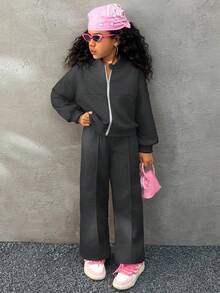 Coolane Kids 2pcs Setelan Jaket Baseball Abu-abu Gaya Koboi Musim Gugur/Dingin untuk Sekolah, Cocok untuk Anak Perempuan Usia 2-12 Tahun, Dilengkapi Resleting, Kerah, dan Celana, Setelan Olahraga yang Nyaman - Dark Grey - View 4