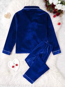 SHEIN 2件套女童韩版羊毛心形刺绣开衫和裤子睡衣套装 - 藍色 - 查看 2