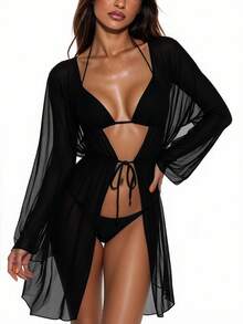 Swim Basics Tie Front Kimono,Summer Beach - Black - View 1