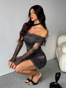 SHEIN Tall Vestido elegante de manga larga ajustado con teñido anudado, fruncido y ribete de volantes en gris carbón para mujer, otoño, sexy y chic, para discoteca, fiesta, cóctel formal y reuniones, para mujeres altas - Multicolor - Ver 1