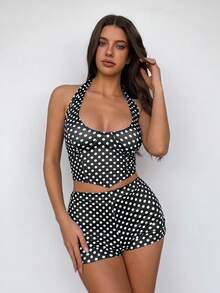 Sweetina 女式黑白波点露背短款上衣和超短下装两件套，可爱女孩度假休闲装 - 黑與白 - 查看 5