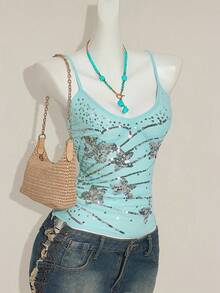 SHEIN ICON Y2K 花卉串珠刺绣不对称下摆女式蓝色串珠刺绣吊带背心，修身性感夏季外套 - 淺藍色 - 查看 5