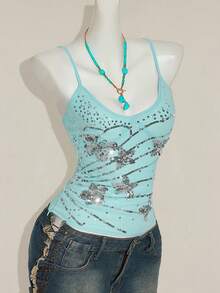 SHEIN ICON Y2K 花卉串珠刺绣不对称下摆女式蓝色串珠刺绣吊带背心，修身性感夏季外套 - 淺藍色 - 查看 7