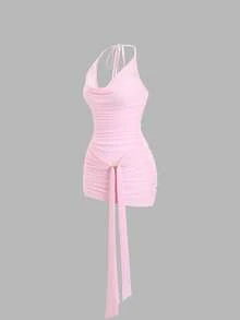 Sweetra Y2K Sexy Turtleneck Metal Buckle Pleated Backless Halter Mini Dress - Pink - View 6