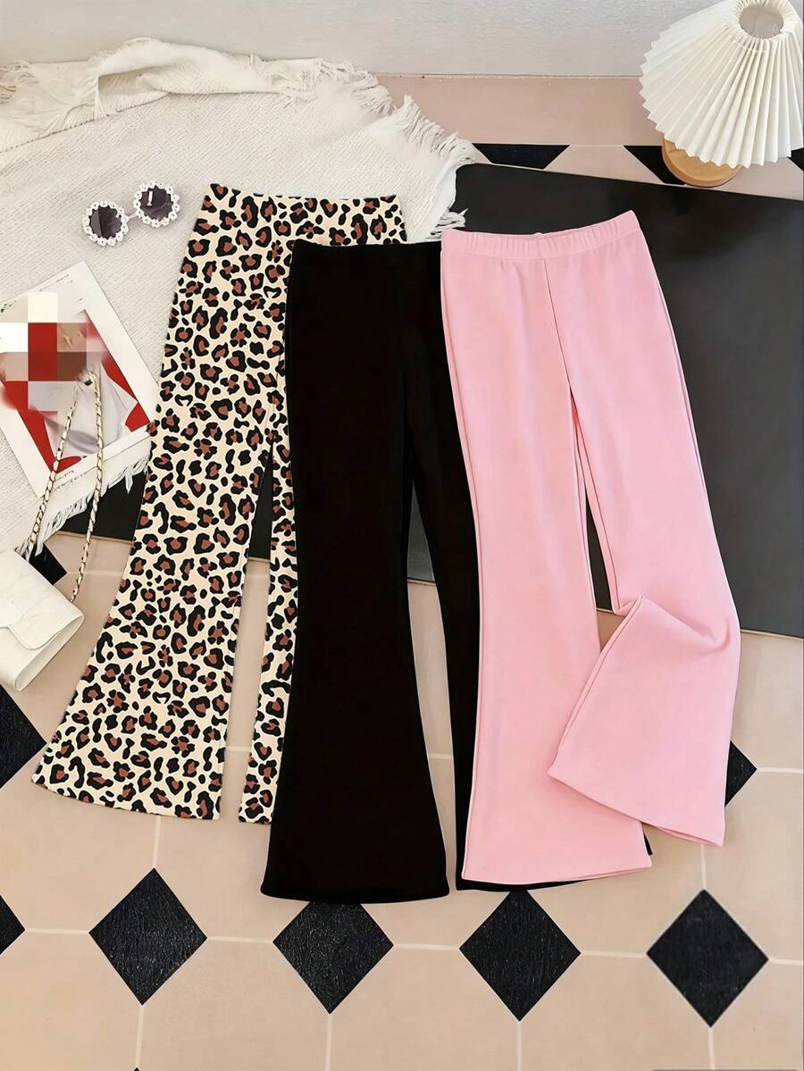 3 件套女童休闲时尚卡通可爱豹纹图案保暖舒适喇叭裤，秋冬 - 彩色 - 查看 1