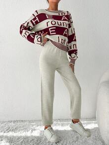 EURMUSE Women Letter & Stripe Pattern Round Neck Long Sleeve Top And Solid Color Pants Sweater Set - Multicolor - View 5