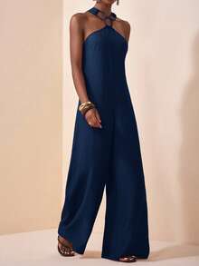 Zivah Women's Solid Color Ring Decor Halter Jumpsuit - Navy Blue - View 6
