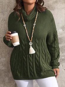 SHEIN LUNE Plus Size Solid Color Minimalist Everyday Long Sleeve Knit Pullover Sweater - Army Green - View 3