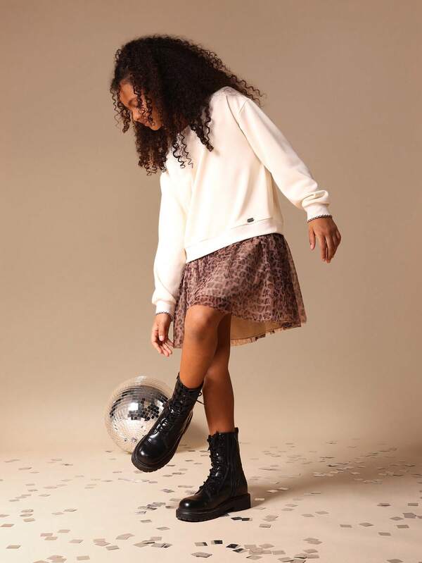 SUMWON Vestito a maniche lunghe con scollo a ciambella per ragazze pre-adolescenti, con minigonna in tulle a stampa leopardata, outfit per feste e occasioni invernali