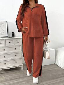 EMERY ROSE Áo thun tay loe dệt kim mềm mại có khóa kéo cổ cao cỡ lớn + Quần ống rộng có họa tiết sọc màu bên hông, quần mặc nhà thường ngày 2 món - Nhiều màu - Xem 3