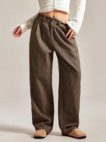 Easelle 格纹条纹休闲裤，适合秋冬 - 棕色 - 查看 2