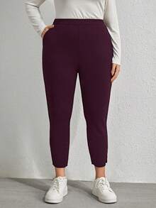 EMERY ROSE Plusstorlek Dam Enfärgade Elastiska Midjefickor Sidoslits Nedan Casual Byxor - Bourgogne - Visa 6