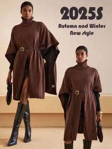 Zivah 2025 Winter New Style, Christmas, New Year, Birthday, Party, Banquet, Preppy Style, Student Wear, Everyday Outing, Basic Versatile, Casual, Cruise Travel, Influencer Style, Street Style, Elegant, Commuter, Business Casual, Exaggerated Turtleneck With Fold-Down Cape Style, High Front Slit, Dark Brown, Autumn/Winter Sweater Pullover, Winter Sweater Jacket, Christmas Sweater Jacket, New Year Sweater Jacket, Women's Sweater Jacket