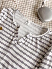 2件套青少年女孩条纹T恤套装，春秋季，半扣圆领长袖上衣+松紧腰宽松裤，休闲简约 - 灰色 - 查看 3