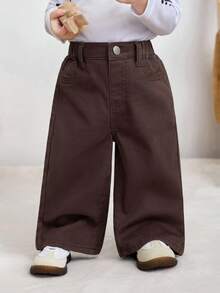 SHEIN 女婴卡其色口袋休闲宽松牛仔裤 - 咖啡棕 - 查看 4