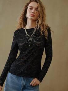 MOTF STUDIO LACE SHEER KNIT LONG SLEEVE T-SHIRT - Black - View 4