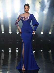 Glamrae Elegant And Gorgeous Navy Blue Luxurious Glossy Knitted Hand-Stitched Floral Decoration Round Neckline Long Sleeves See-Through Sexy With Floating Pieces Slits And Pleated Fishtail Skirt With A Train Suitable For Happy Parties, Dates, Gatherings, Formal Occasions, Festive Holidays And Dinner Dresses (Heavy Workmanship)