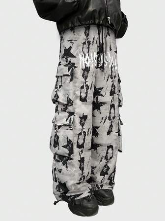 Street Life Pantalones cargo de pierna ancha con estampado de letra y pentagrama para hombres