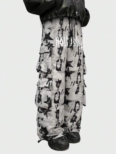 Street Life Men's Letter & Pentagram Star Print Cargo Pocket Wide Leg Pants
