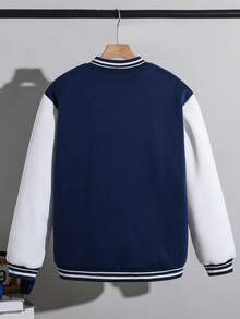 休闲时尚青少年/年轻男士字母印花撞色罗纹夹克，宽松版型，舒适百搭，适合秋季、春季、冬季、日常穿着、通勤、户外、运动、学校、街头服饰、派对、摄影