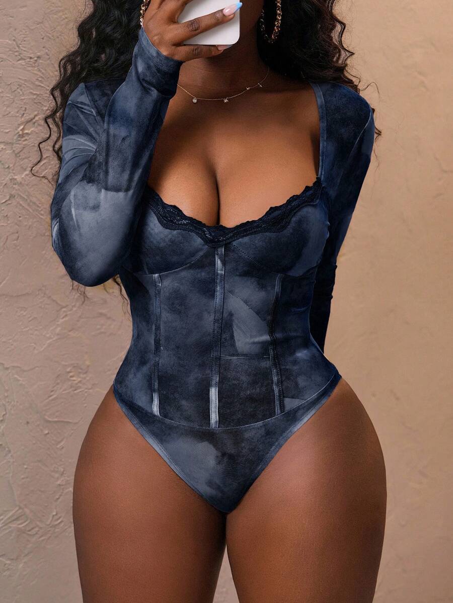 Slaydiva 新款优雅休闲方领蕾丝装饰渐变印花长袖女士连体衣，曲线塑形网纱连体衣，蓝色连体衣 - 藏蓝色 - 查看 1