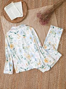 SHEIN 2 件套女童花卉印花休闲宽松翻领开衫和裤子套装，优雅时尚 - 白色 - 查看 2