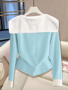 Franclia Women's Color Block Splice Collar Long Sleeve Front Button Fashionable Elegant T-Shirt - Blue and White - View 2