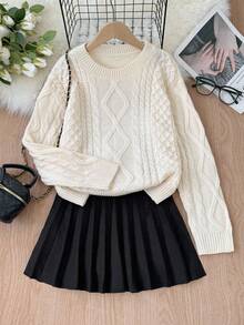 SHEIN 少女针织菱形麻花针织套头衫和黑色百褶裙套装，休闲日常装，秋冬
