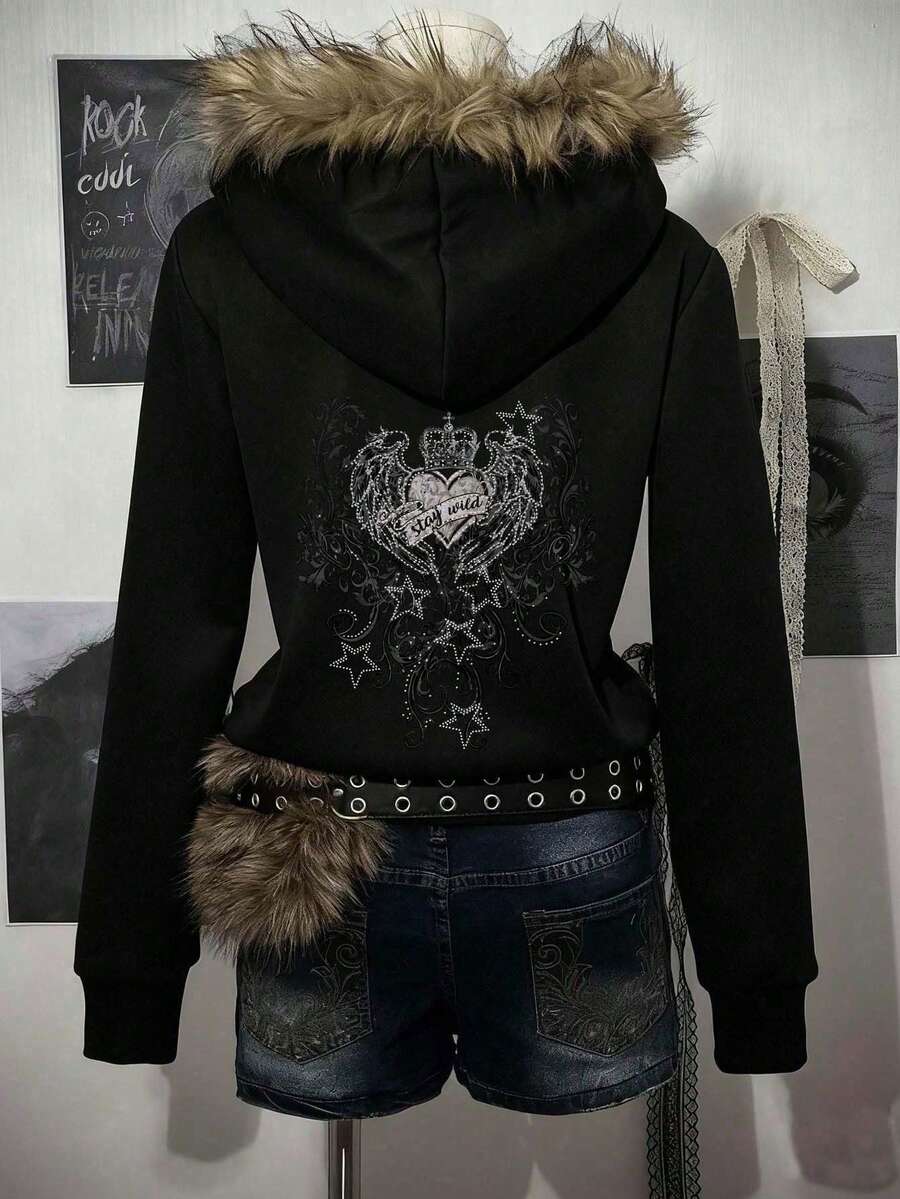 Attitoon 女式休闲拉链保暖内衬长袖连帽运动衫,带有复古垃圾摇滚风格心形翅膀朋克哥特式印花,适合秋冬、时尚、Y2K - 黑色 - 查看 1